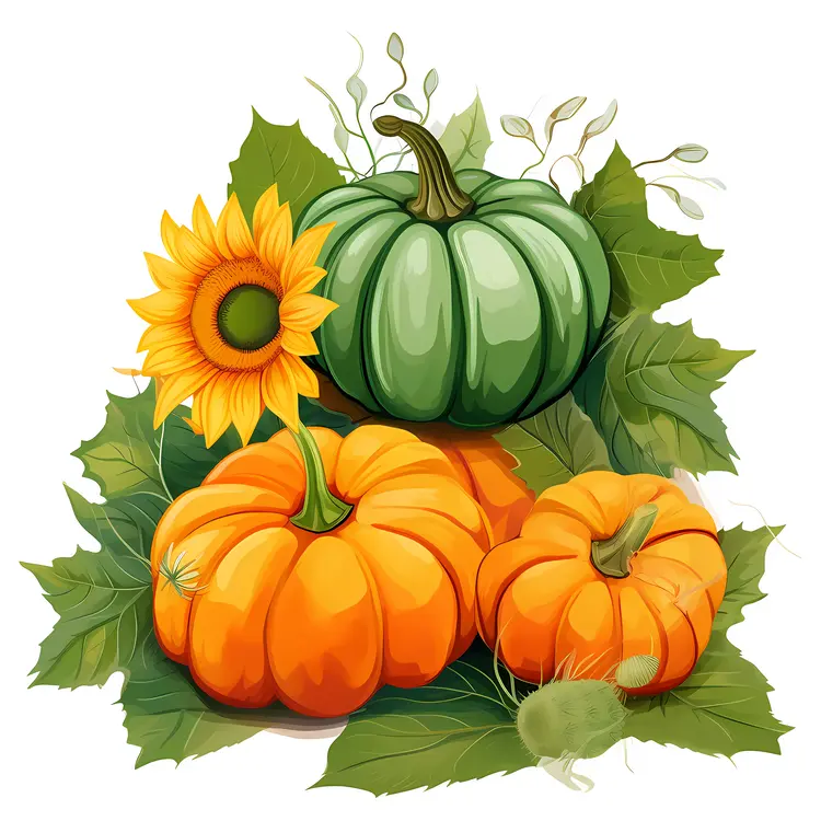 Pumpkins and Sunflower with Autumn Leaves