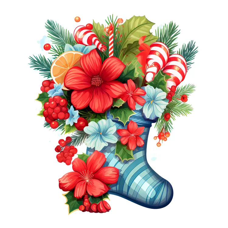 Blue Christmas Stocking with Flowers and Candy Cane