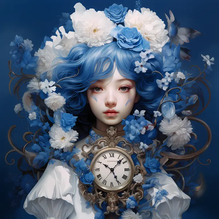 Blue Floral Clock Portrait Art