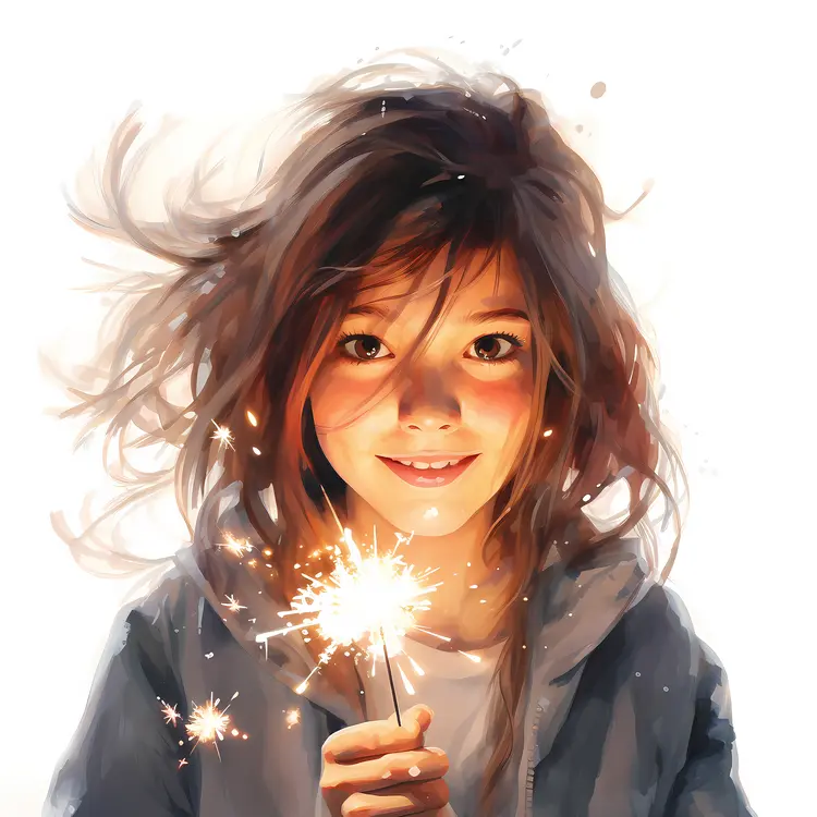 Girl Holding Sparkler with Messy Hair
