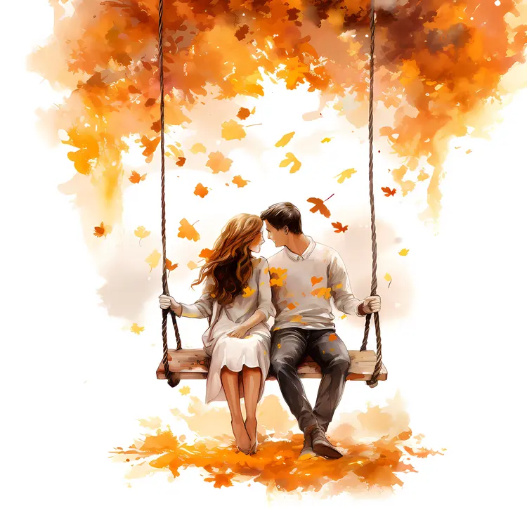 Couple on Swing with Autumn Leaves