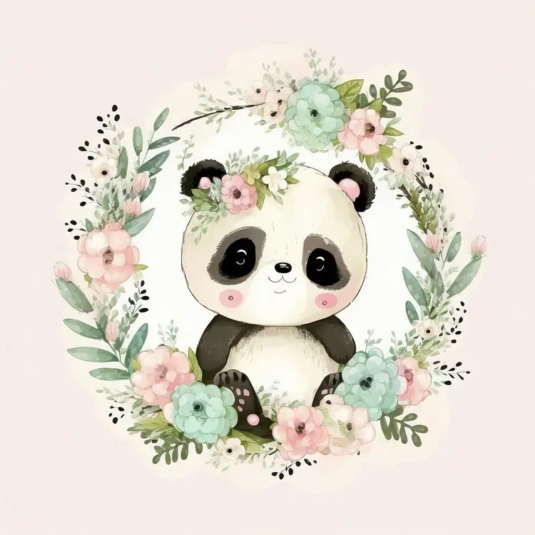 Cute Panda with Floral Wreath Illustration