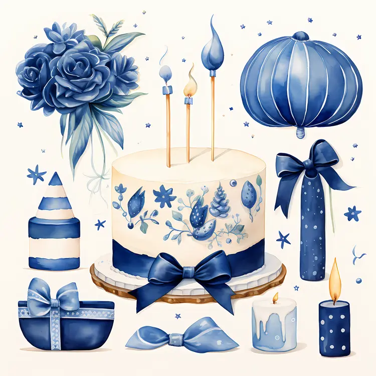 Blue Themed Birthday Cake with Decorations