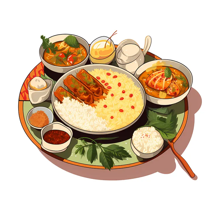 Traditional Indian Thali with Rice and Curry