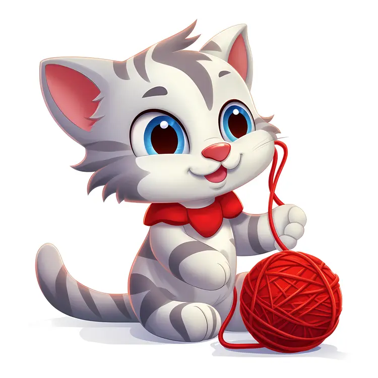 Cute Kitten Playing with Red Yarn Ball