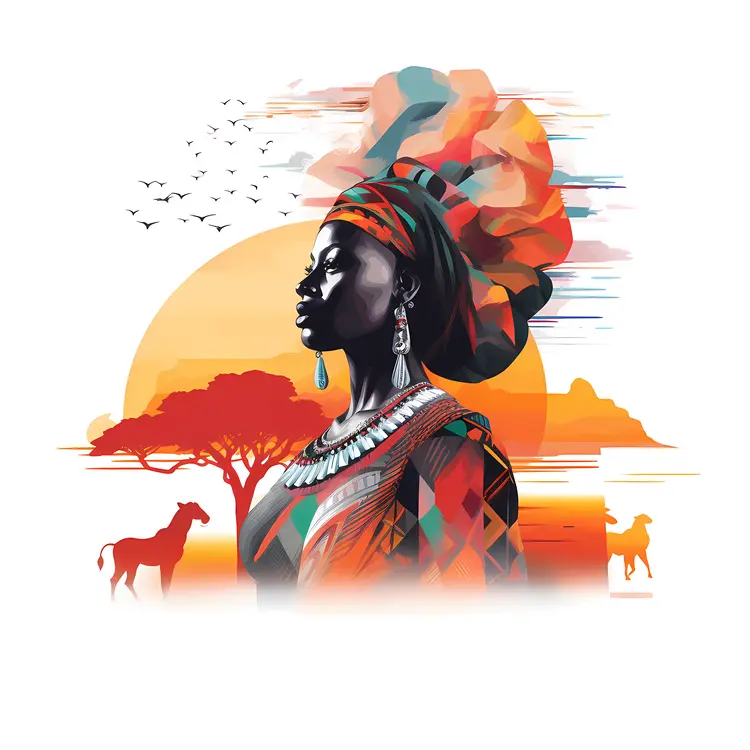 Beautiful African Woman with Sunset and Wildlife