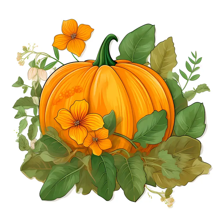 Orange Pumpkin with Leaves and Flowers