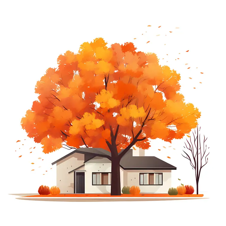 Small house with autumn tree