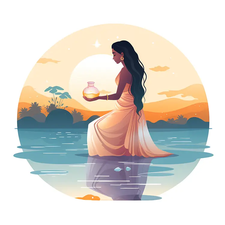 Woman Holding Jar at Sunset by the Water