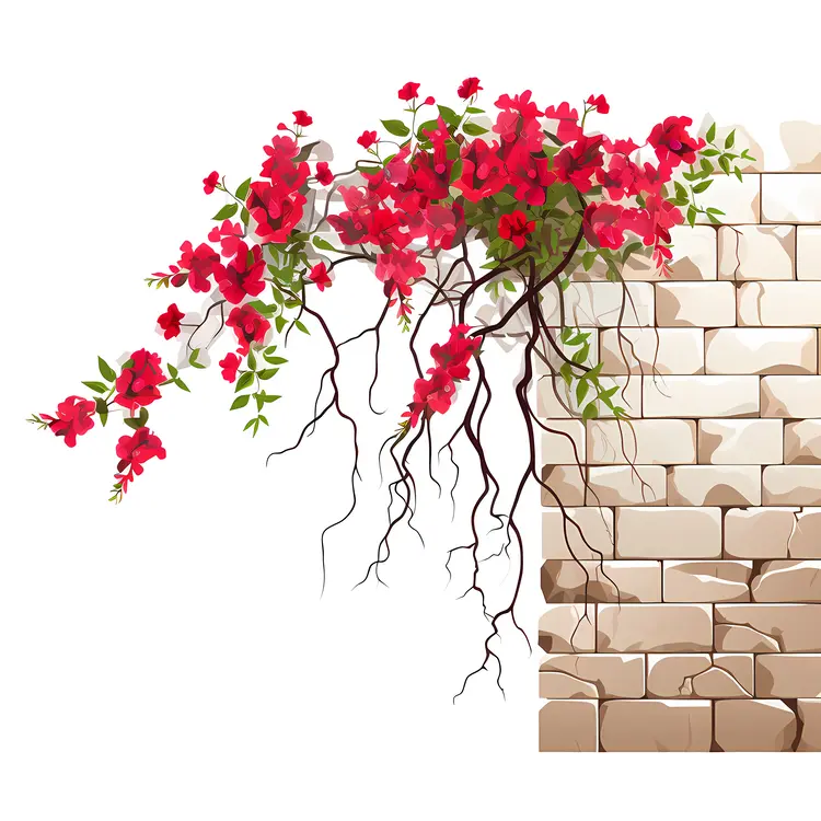 Red Flowers Climbing Stone Wall