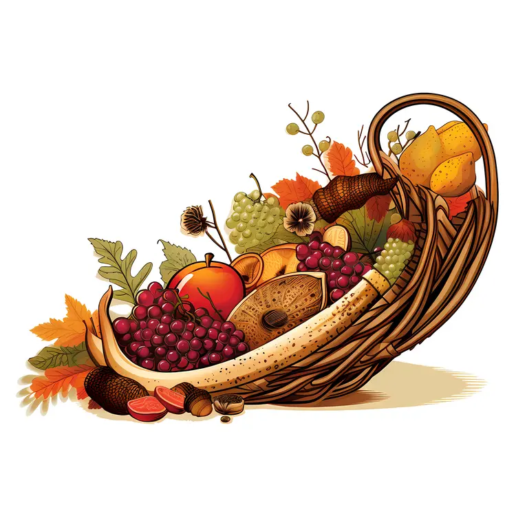 Cornucopia with Fruits and Autumn Leaves