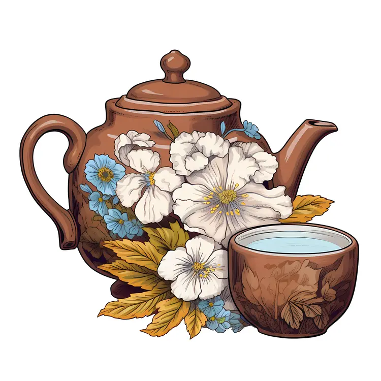 Beautiful Brown Teapot with Floral Design and Cup