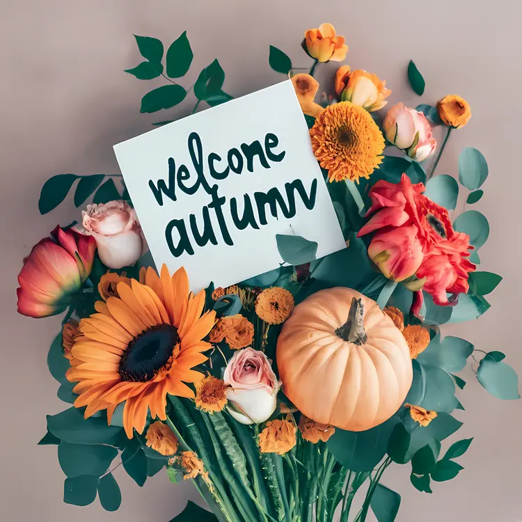 Welcome Autumn Sign with Flowers and Pumpkin