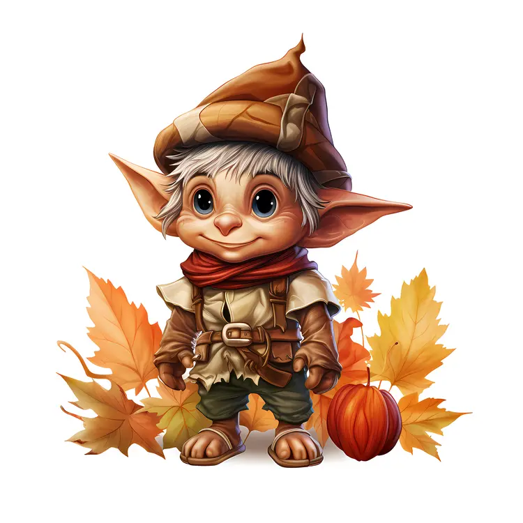 Elf with Pumpkin and Autumn Leaves