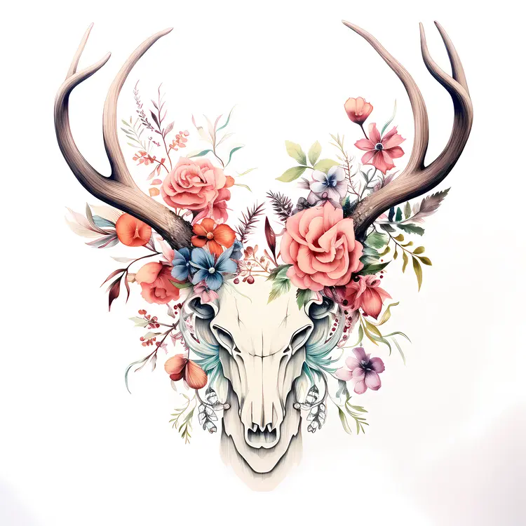 Deer Skull with Rose Bouquet