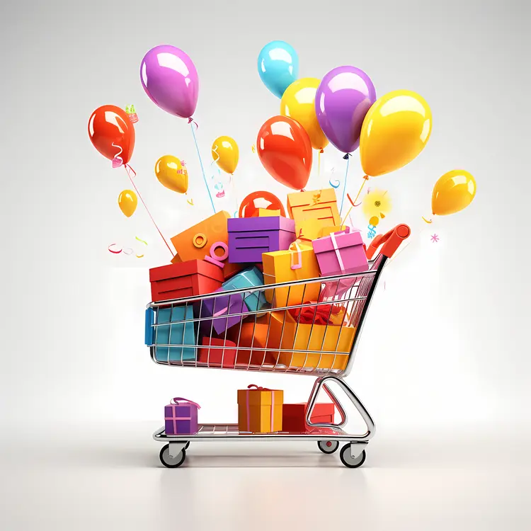 Shopping Cart Filled with Colorful Gifts and Balloons