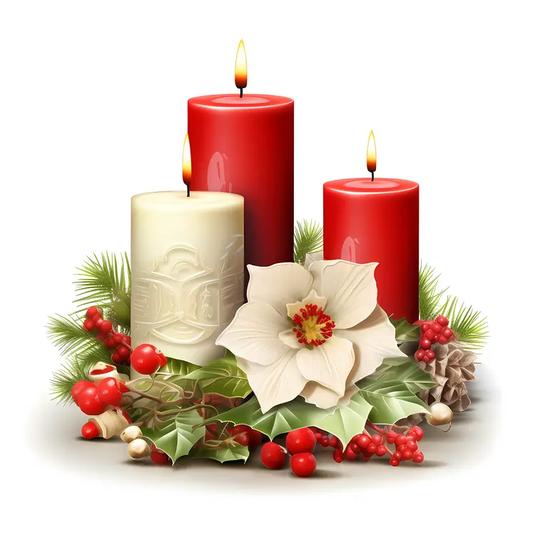 Red and White Candles with Poinsettia and Holly Leaves