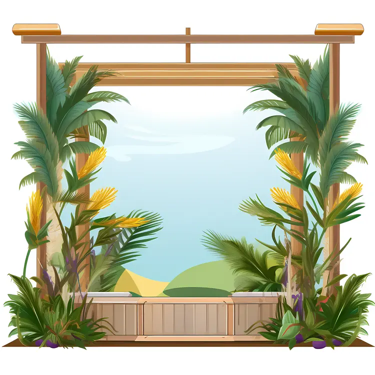 Tropical Plants in Wooden Frame with Scenic Landscape