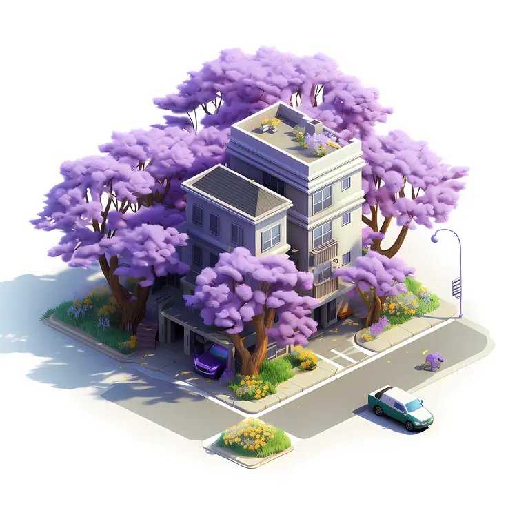 Purple Trees Surrounding a Modern Building