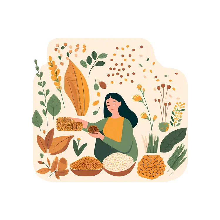 Woman with Various Seeds and Plants