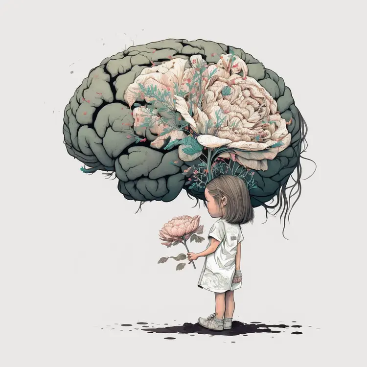 Girl with Flower and Floral Brain Illustration