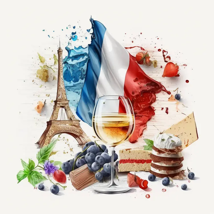 French Flag with Eiffel Tower and French Cuisine Elements