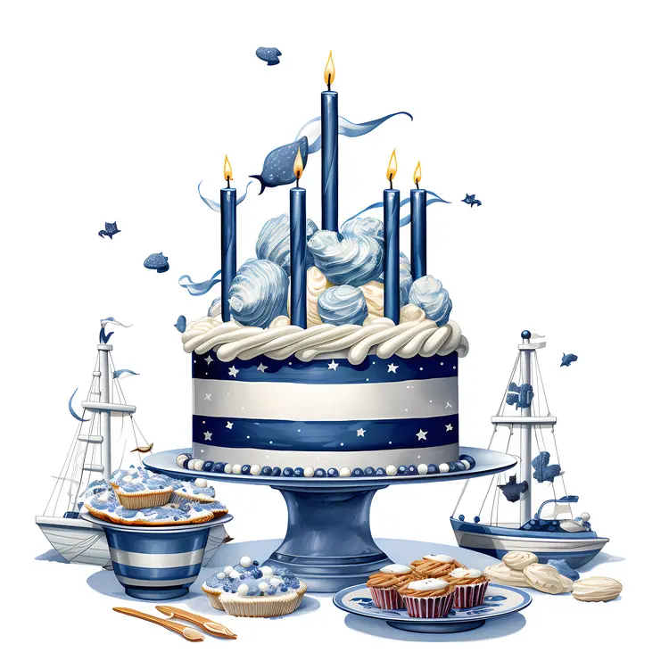 Nautical Themed Cake with Ships and Candles