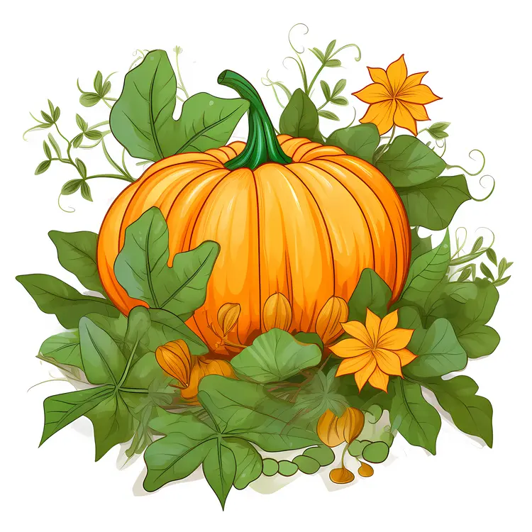 Orange Pumpkin with Leaves and Flowers