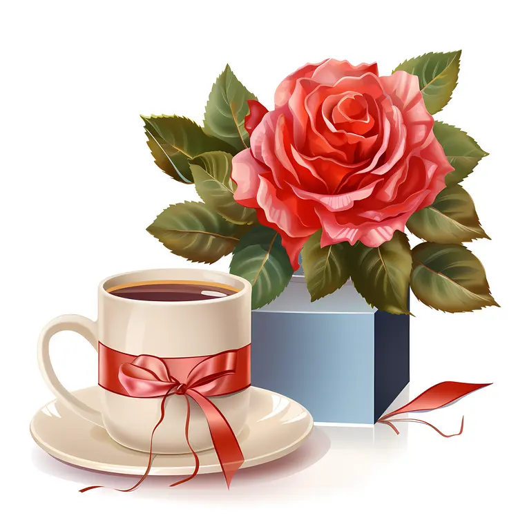 Red Rose and Gift Box with Coffee Cup