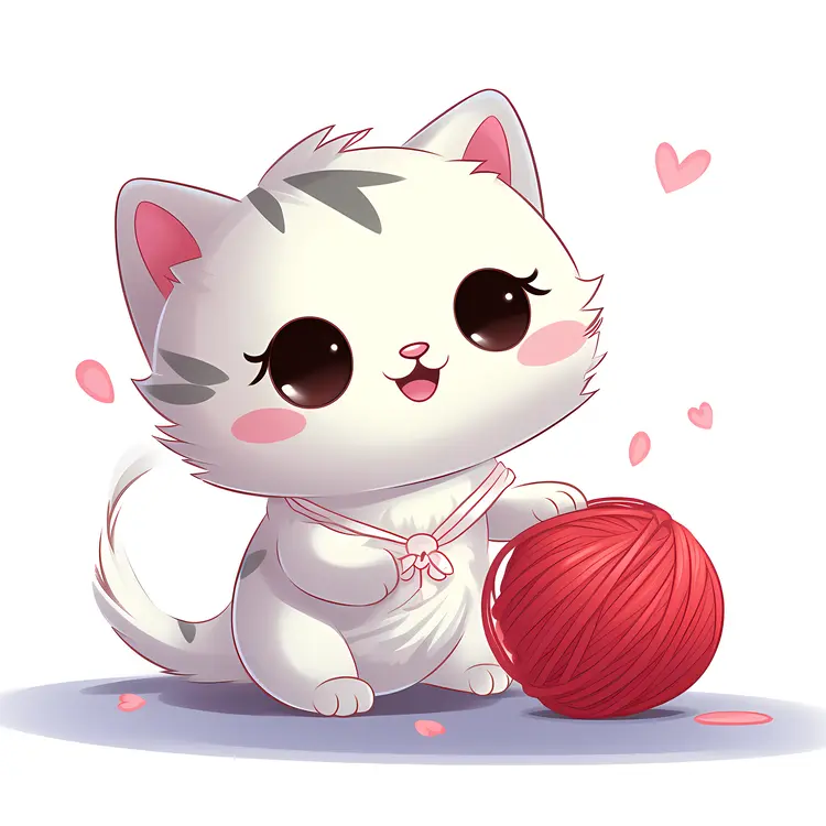 Cute Cat Playing with Red Yarn Ball
