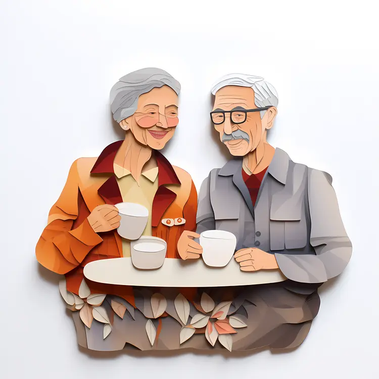 Elderly Couple Enjoying Coffee Together in Paper Art Style