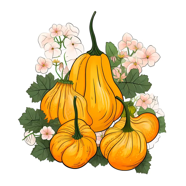 Beautiful Orange Pumpkins with Flowers and Leaves