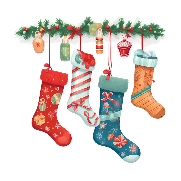 Christmas Stockings with Presents and Garland