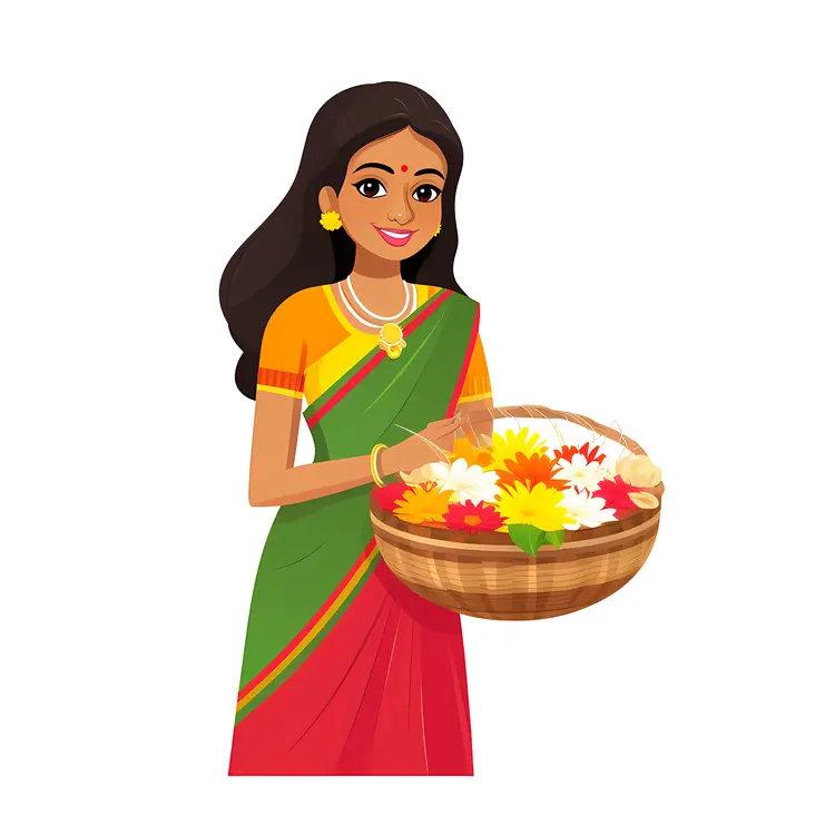 Woman in Traditional Dress Holding a Basket of Flowers