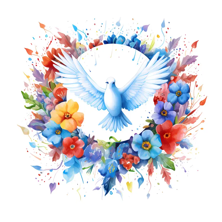 White Dove with Colorful Floral Wreath