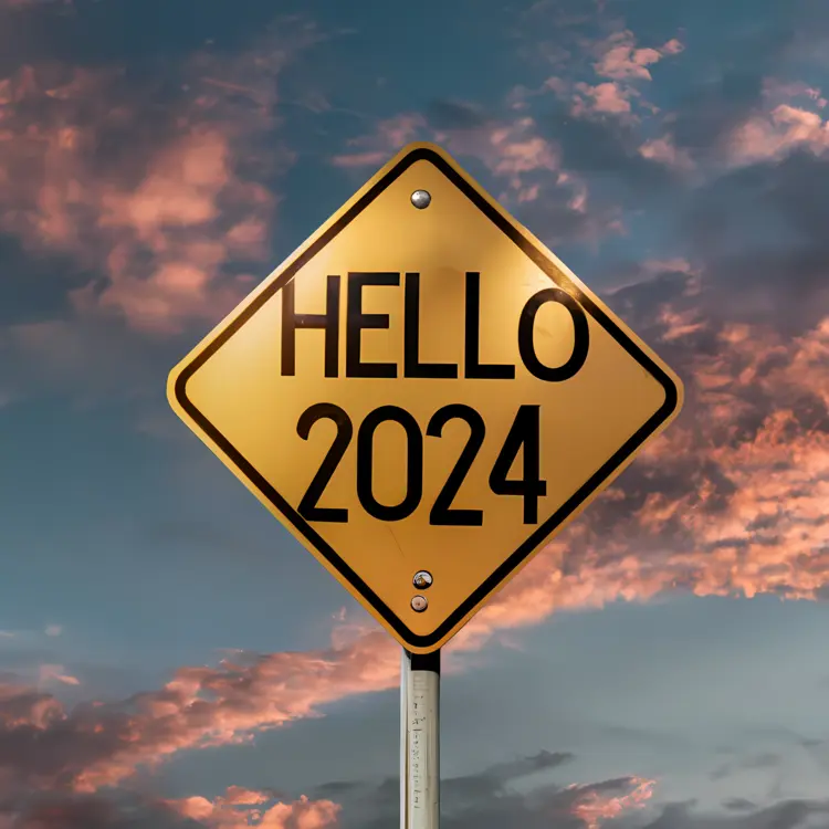 Hello 2024 Road Sign with Sunset Sky