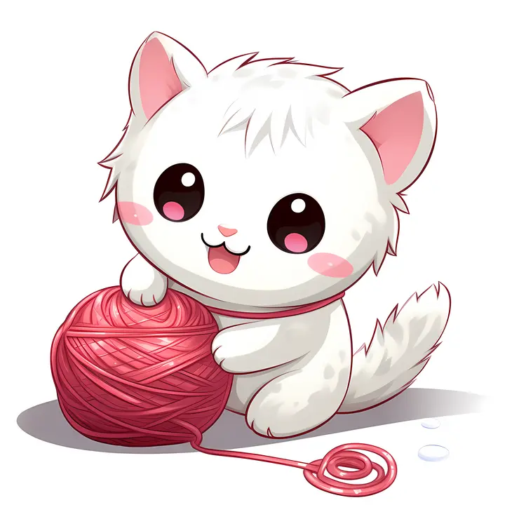 Cute White Cat Playing with Yarn Ball