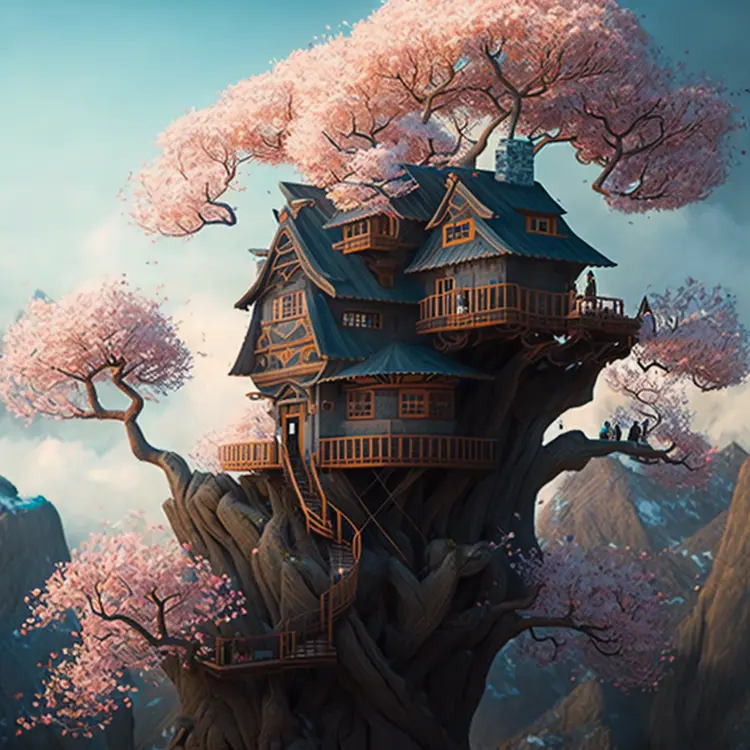 Fantasy Treehouse in Cherry Blossom Tree