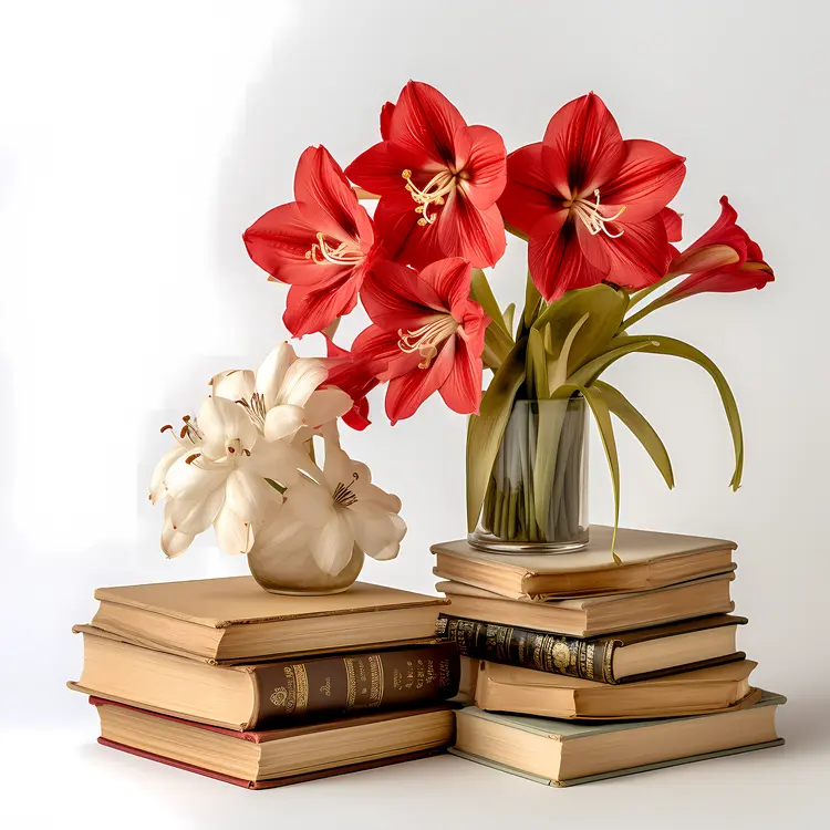 Red Amaryllis Flowers in Vase with Books