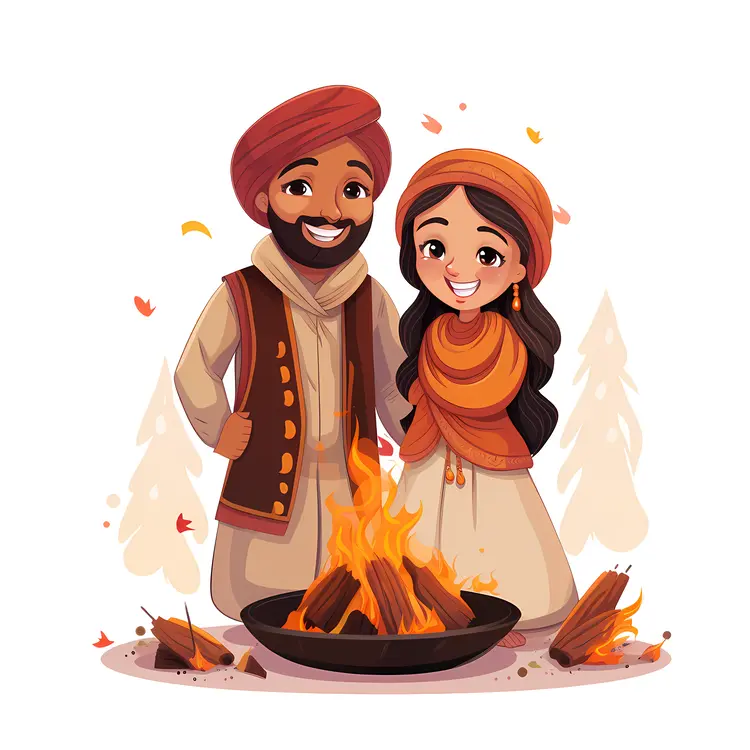 Couple Celebrating Lohri with Bonfire