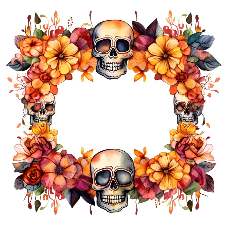 Beautiful Skull and Flowers Decorative Frame for Day of the Dead
