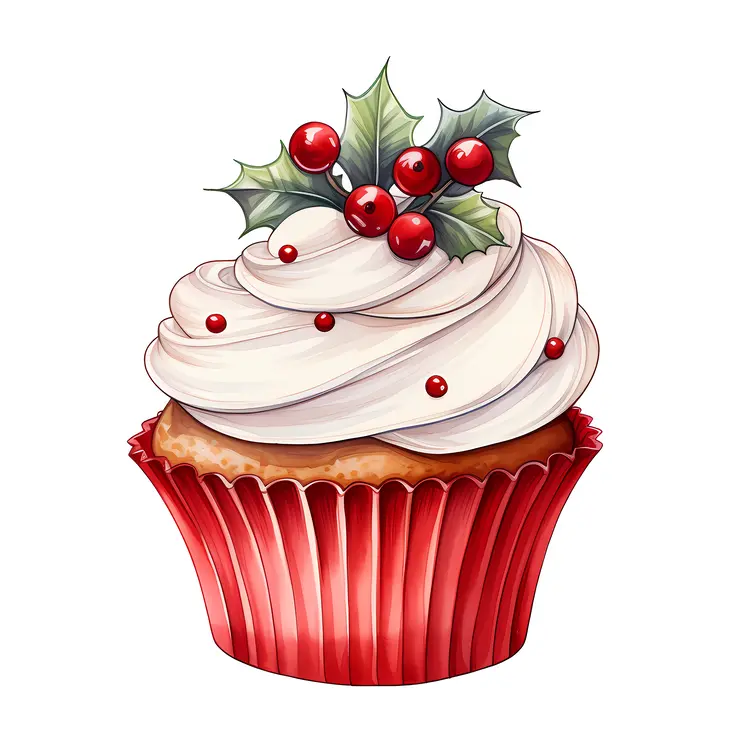 Christmas Cupcake with Holly and Red Berries