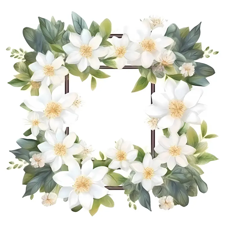 Beautiful White Floral Frame with Green Leaves