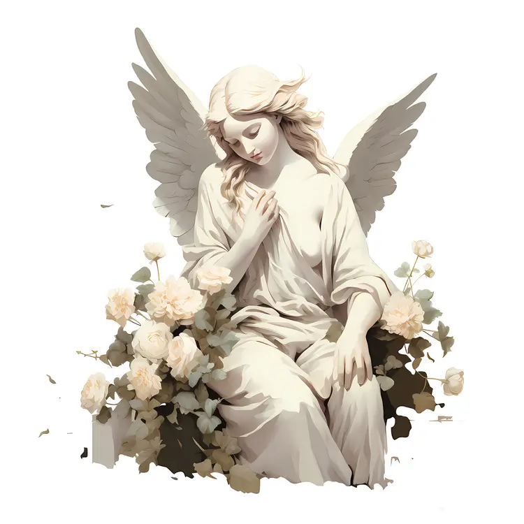 Serene Angel Statue with Flowers