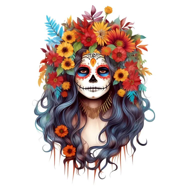 Beautiful Sugar Skull with Floral Crown for Day of the Dead Celebration