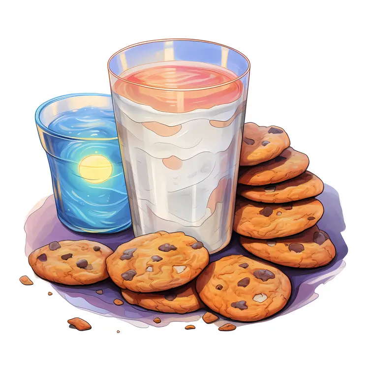 Chocolate Chip Cookies and Milk with a Blue Drink