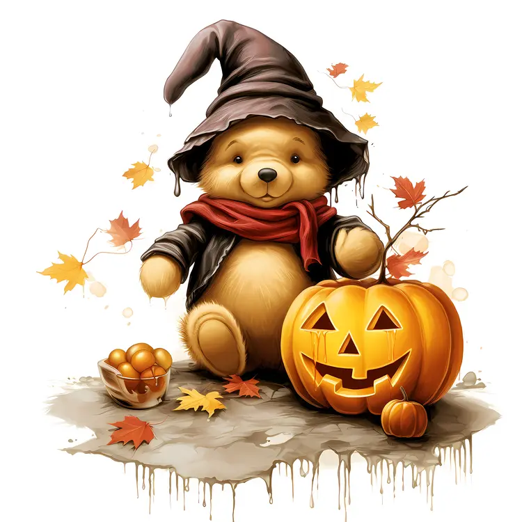 Cute Bear in Witch Costume with Pumpkin for Halloween