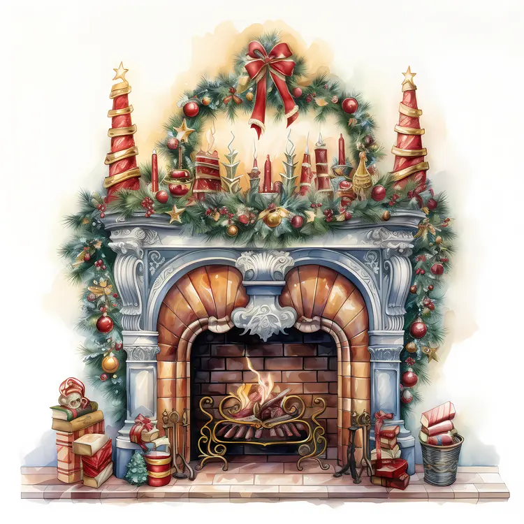 Christmas Fireplace with Garland and Ornaments