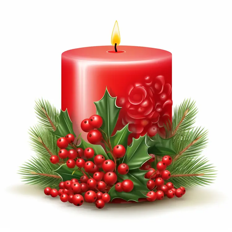 Red Candle with Holly and Berries