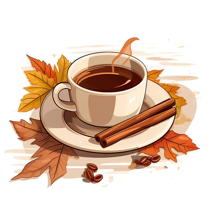 Warm Coffee Cup with Cinnamon and Autumn Leaves